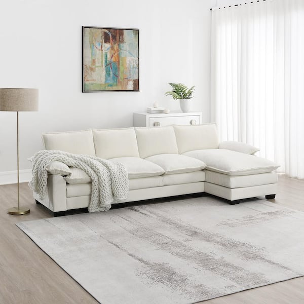 118 in. L-Shaped Chenille Sectional Sofa in. Beige with Double Seat Cushions
