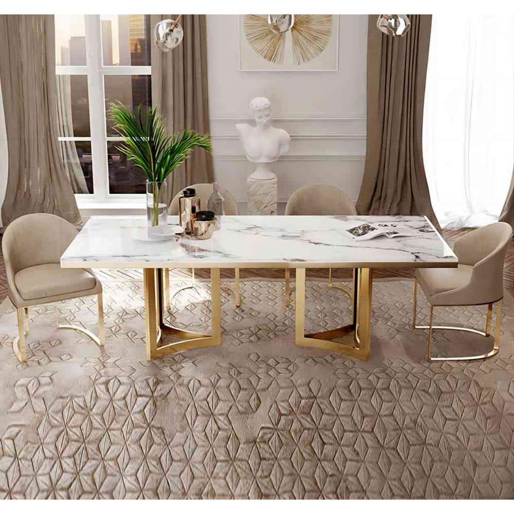 ANGELES HOME White 71 in. Modern Marble Rectangular Tabletop Gold Stainless Cross Legs Dining ...