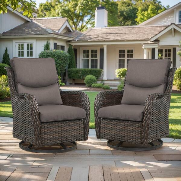 Crescent Moon Swivel Wicker Outdoor Rocking Chair with Cushion Guard Gray Cushions Set 2 Pack