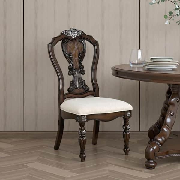 Naddy Dark Brown and Cream Fabric With Cushion Dining Chair (Set of 2)