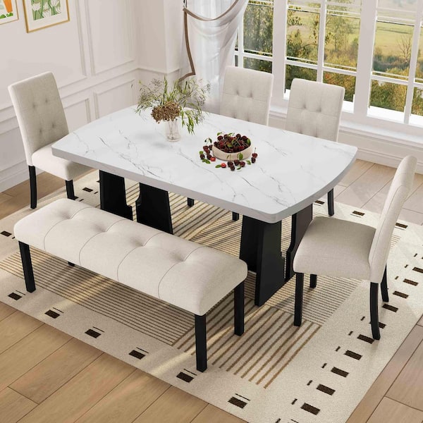 6-Piece Rectangle Beige/White Wood Top Dining Room Set Seats 6