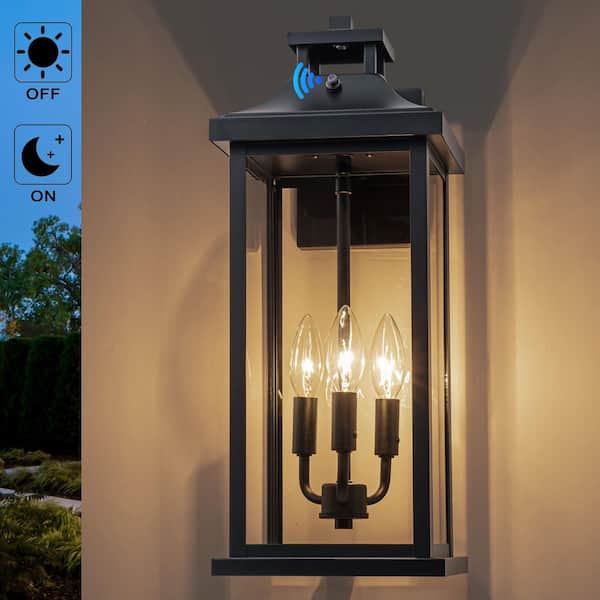 Black Outdoor Wall Lantern Sconce-19.5 in. with Tempered Glass Shade, Dusk to Dawn, Hardwired, No Bulb Included