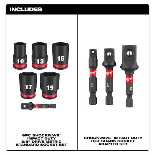 SHOCKWAVE 3/8in Drive Metric 6-Point Impact Socket Set (6-Pc) & Impact Duty 1/4in Hex Shank Socket Adapter Set (3-Pc)