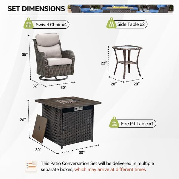 Luxury Brown Wicker Fire Pit Conversation Set with Olefin Beige Cushions and Patio Swivel Chairs/Side Tables