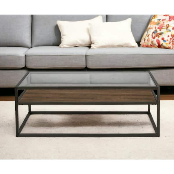 HomeRoots 46 in. Black Rectangle Glass Coffee Table with Shelves;Storage