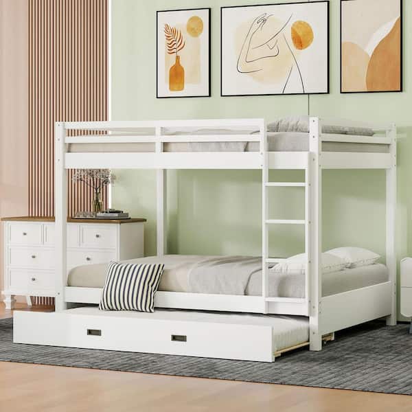 White Queen Over Queen Bunk Bed with Ladder and Trundle