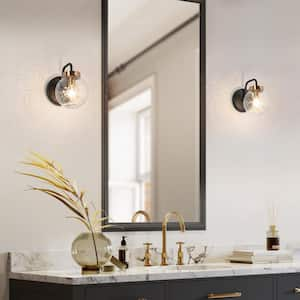 Astrid Modern 1-Light Matte Black and Plated Brass Wall Sconce Globe Vanity Light with Textured Glass Shade