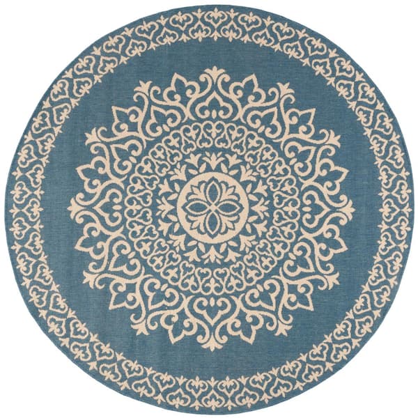 SAFAVIEH Beach House Cream/Blue 4 ft. x 4 ft. Medallion Floral Indoor/Outdoor Patio  Round Area Rug