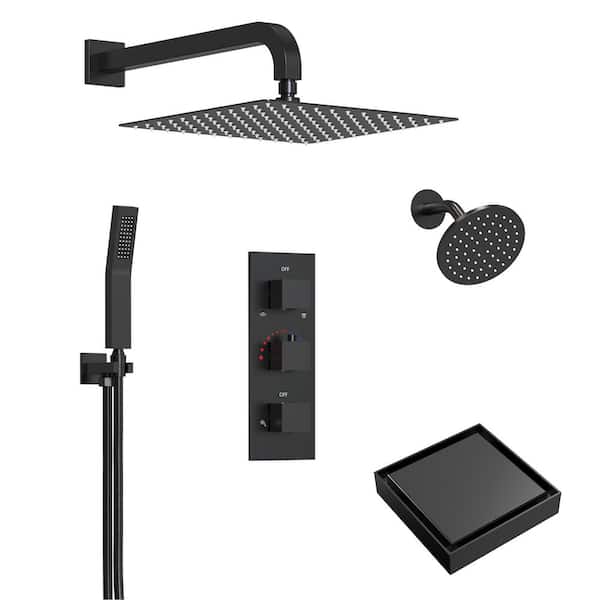 EVERSTEIN 5-Spray Square 12 in. Rain Shower System with 6 in. Shower Head Handheld shower in Matte Black 2.5 GPM with Shower Drain