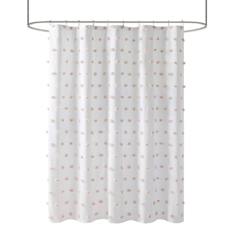 White Polyester Shower Curtain with Blush Pom Poms