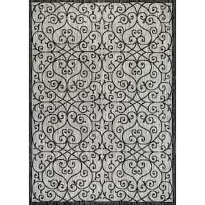 Madrid Vintage Filigree Textured Weave Light Gray/Black 3 ft. x 5 ft. Indoor/Outdoor Area Rug