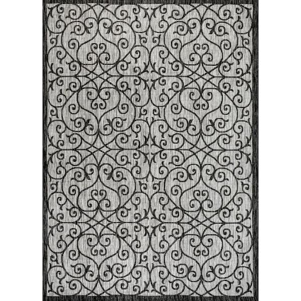 Madrid Vintage Filigree Textured Weave Light Gray/Black 9 ft. x 12 ft. Indoor/Outdoor Area Rug
