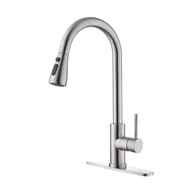 FLG Single Handle Pull Down Sprayer Kitchen Faucet with Advanced Spray 304 Stainless Steel Modern Taps in Brushed Nickel