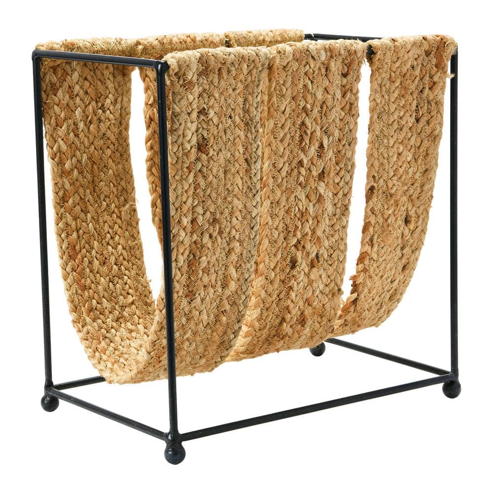 Storied Home Woven Jute and Metal Magazine Holder in Brown and Black