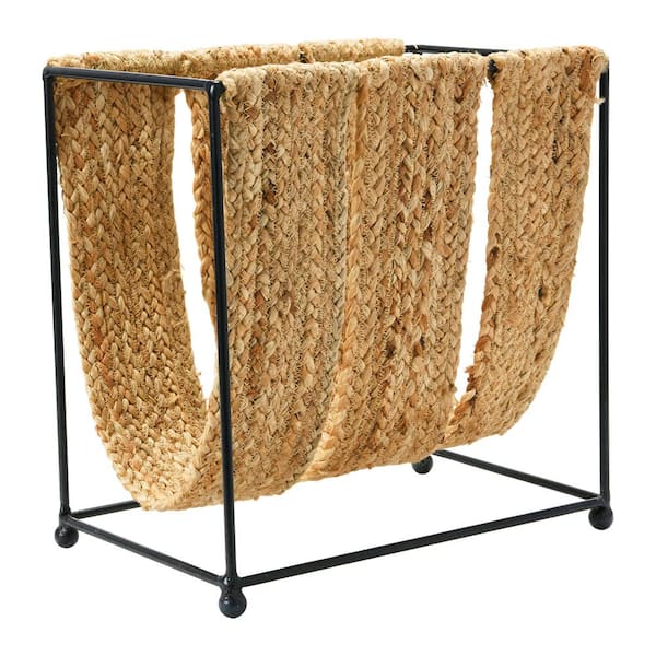 Woven Jute and Metal Magazine Holder in Brown and Black