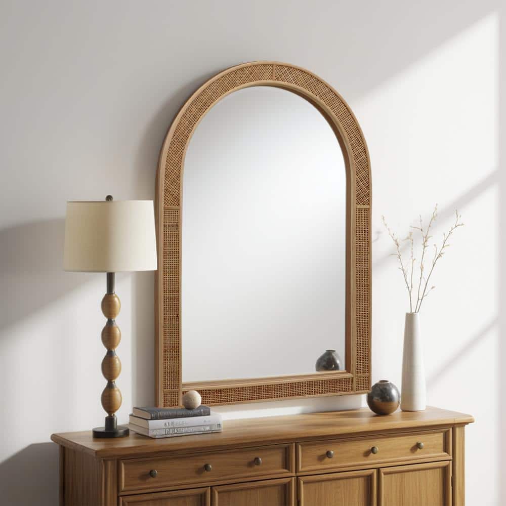 Arched Light Brown Rattan Framed Decorative Wall Mirror