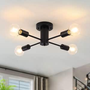 Theis 17.5 in. 4-Light Black Semi-Flush Mount Sputnik Chandelier Linear Ceiling Mount Light for Bedroom Room Dining Room