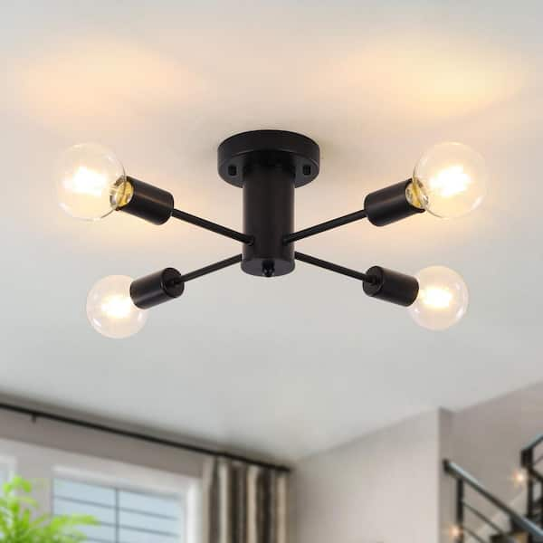 LWYTJO Theis 17.5 in. 4-Light Black Semi-Flush Mount Sputnik Chandelier Linear Ceiling Mount Light for Bedroom Room Dining Room