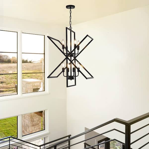 Rotalable 8-Light Vintage Black Modern Industrial Semi Flush Chandelier Light Fixture for Dining Room or Kitchen
