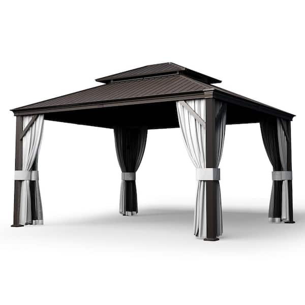 12 ft. x 14 ft. Brown Metal Hardtop Gazebo with Curtains