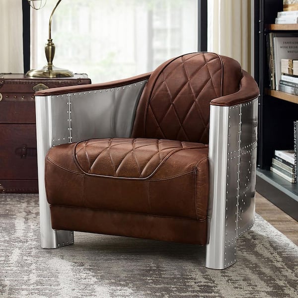 Top Leather Cognac Mid Century Modern Genuine Leather Accent Armchair with Vintage Aluminum Exterior Accented and Rivets