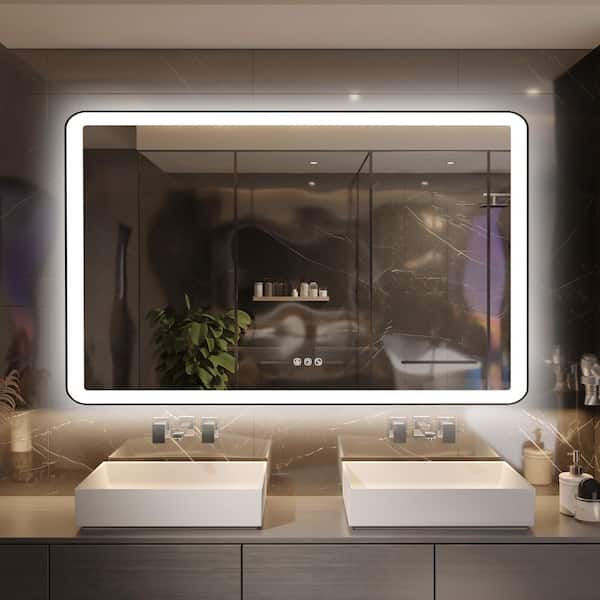 60 in. W x 36 in. H Rectangular Angle Rounded Framed Super Bright LED Wall Mounted Bathroom Vanity Mirror in Matte Black