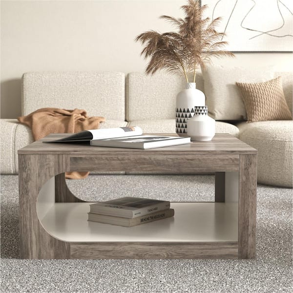 GALANO Janus 34.8 in. Knotty Gray Oak with Ivory Square Wood Top Coffee Table