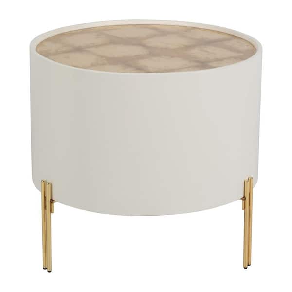20 in. White Round Wood Top End Table with Gold Leaf Pattern