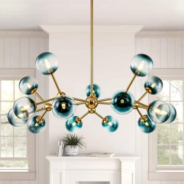 Antonelli 15-Light Brass Sputnik Atomic Chandelier Cluster Blue Glass Bubble Pendant Light for Living/Dining Room