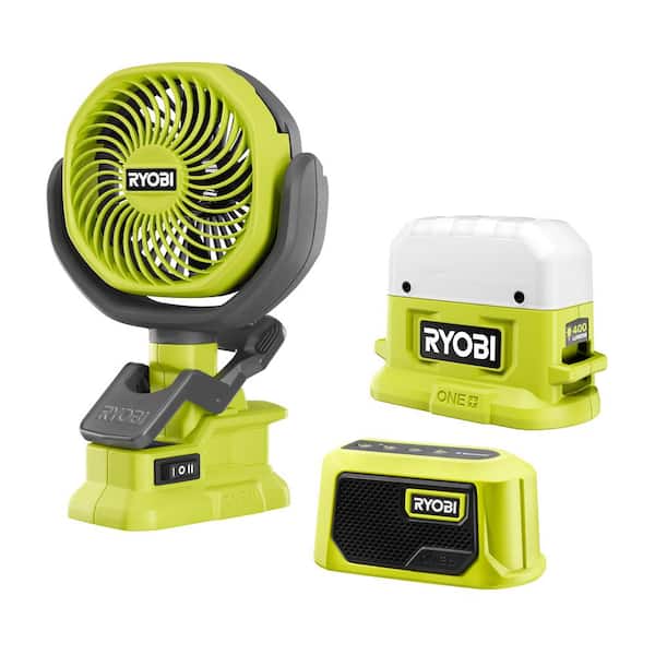RYOBI ONE+ 18V Cordless 3-Tool Campers Kit with Area Light, Bluetooth Speaker, and 4 in. Clamp Fan (Tools Only)