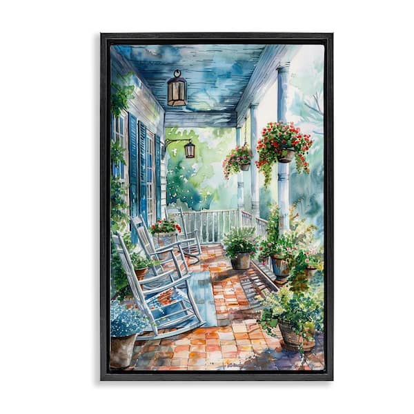 Stupell Industries Potted Geraniums Porch by Franklyn Gregory Black Floater Frame Architecture Graphic Art Print 25 in. x 17 in.
