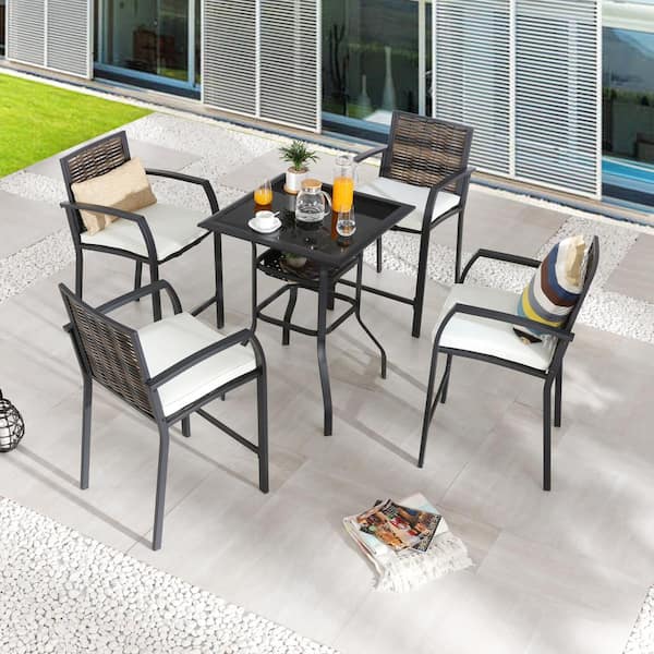 Patio Festival 5-Piece Wicker Bar Height Outdoor Dining Set with Beige Cushions