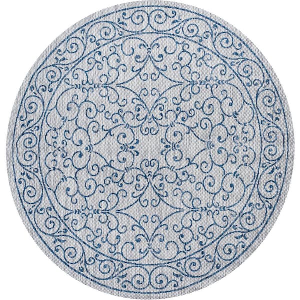Charleston Vintage Filigree Gray/Navy 5 ft. Textured Weave Indoor/Outdoor Round Area Rug