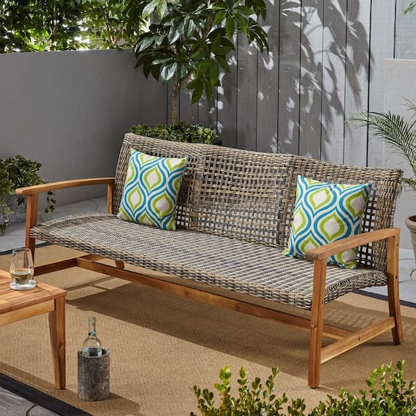 3-Seater Brown Acacia Wood and Gray Wicker Outdoor Couch