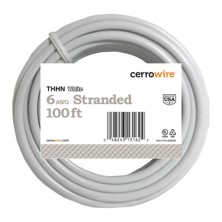 Cerrowire 100 ft. 6 Gauge White Stranded Copper THHN Wire