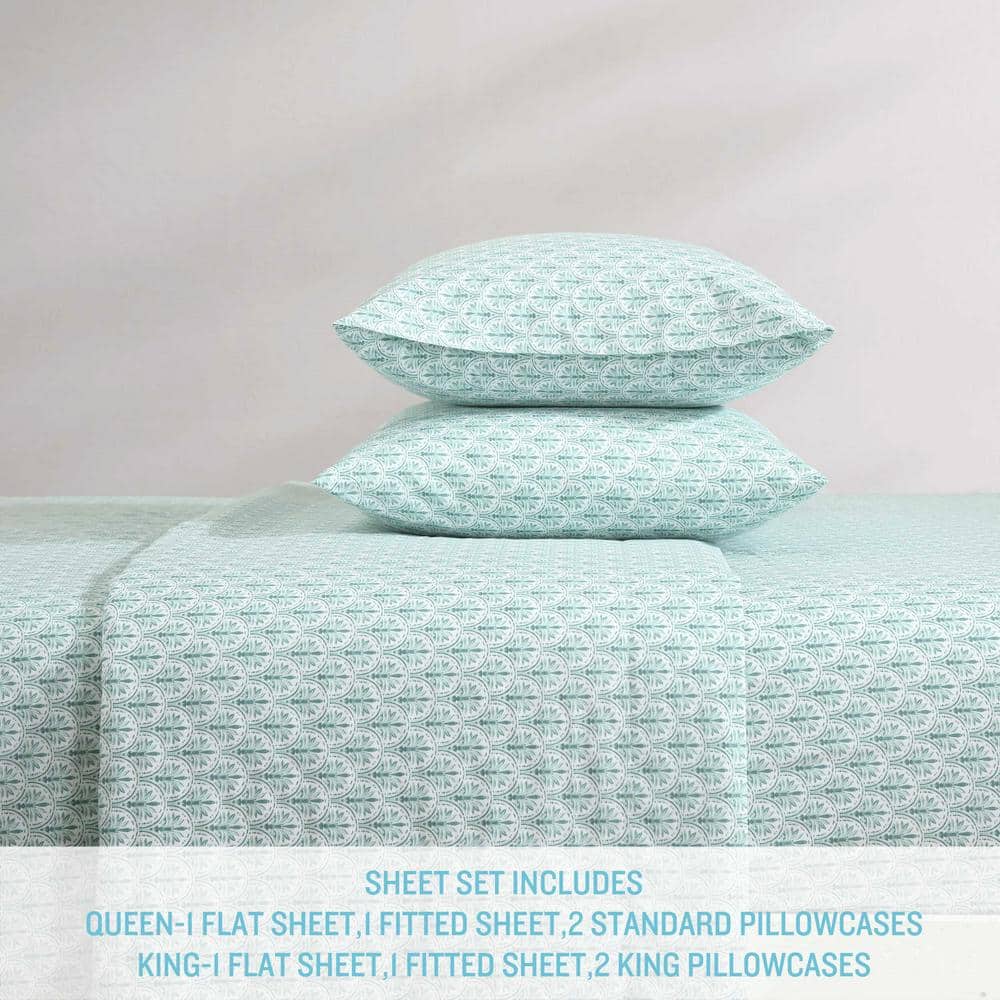 Green Cotton Percale Queen Sheet Set with Nautical Print