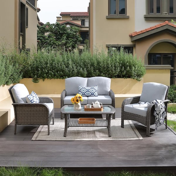 HOOOWOOO Venice Gray 4-Piece Wicker Modern Outdoor Patio Conversation Sofa Seating Set with Light Gray Cushions