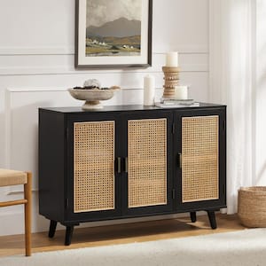 Ezio 3-Door Black Rattan Accent Cabinet with Adjustable Shelt and Solid Wood Leg