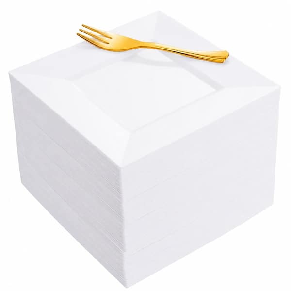 200-Piece Set of White 6-Inch Disposable Dessert Plates with 5.7-Inch Gold Plastic Forks for 100 Guests