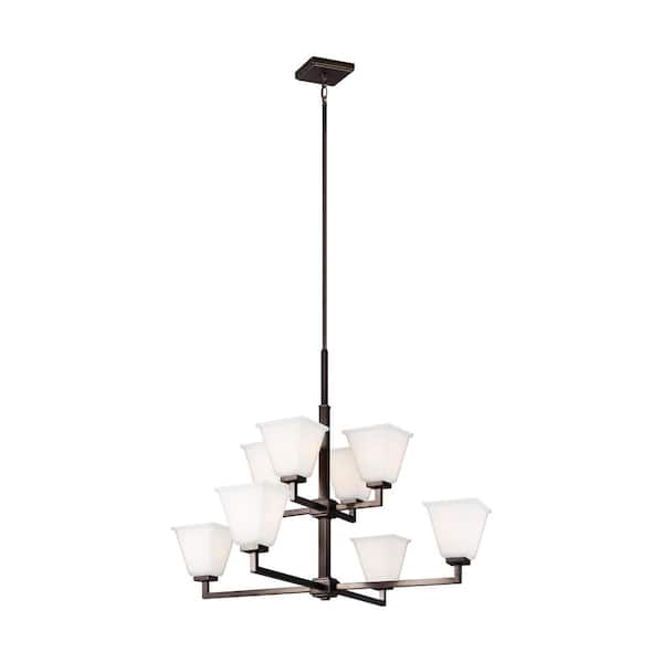Generation Lighting Ellis Harper 8-Light Brushed Oil Rubbed Bronze Classic Transitional Hanging Chandelier with Etched White Glass Shades