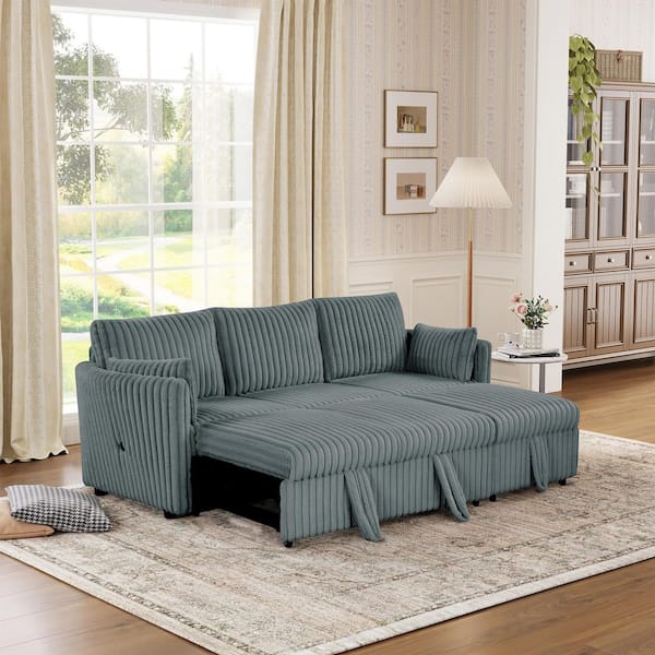 85 in. Fixed Arm Chenille Rectangle Chaise Lounge Sleeper Sectional Sofa with Hidden Pull-Out and USB Ports in Dark Gray