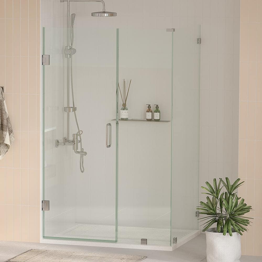 Kobiworks Nirvana 34 in. W x 34 in. L x 76 in. H Pivot Frameless Corner Shower Enclosure in Brushed Nickel w/ 3/8 in. Clear Glass