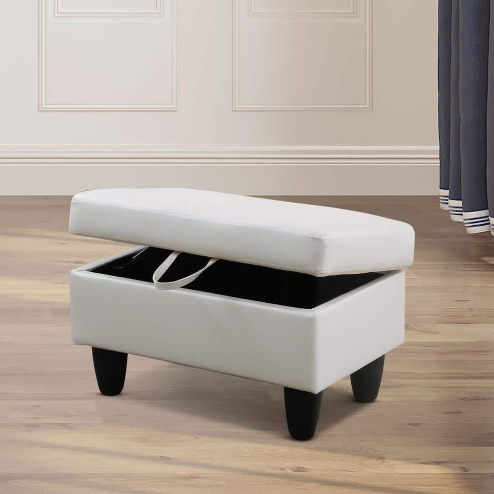 28.5 in. W White Faux Leather Rectangle Ottoman with Storage