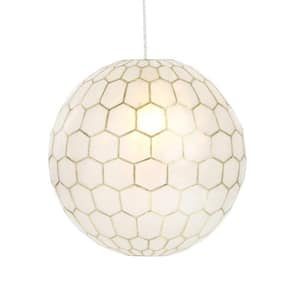 15 in. H Capiz Honeycomb Globe Pendant Light in White & Antique Gold
