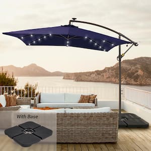 8.2 ft. Square Solar LED Cantilever Patio Umbrellas with Base in Navy Blue