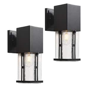 Hawaii 11 in. H Black Seeded Glass Hardwired Outdoor Wall Lantern Sconce with Dusk to Dawn (Set of 2)