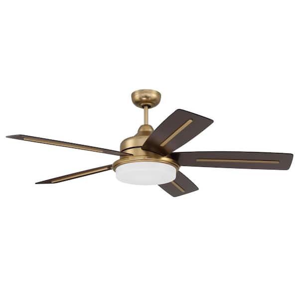 54 in. Satin Brass Finish, Flat Black/Walnut Blades Angled Mount Standard Ceiling Fan Integrated LED w/ Remote Included
