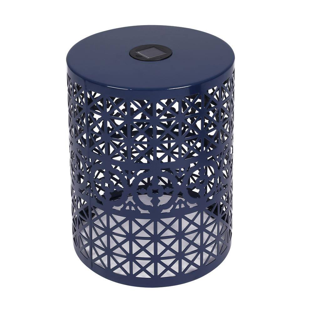 Dark Blue Round Metal Outdoor Cranbrook Side Table Solar End Table with Bui