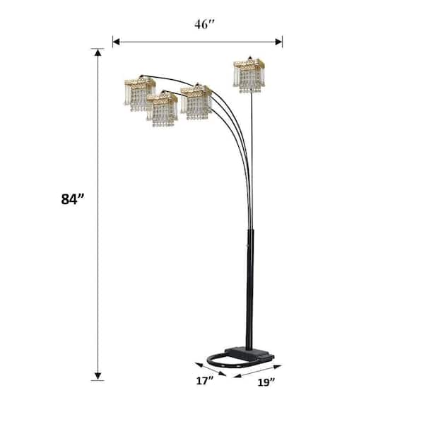 Jushua 84 in. H 4-Light Black Square Lampshade Crystal Curved Arc