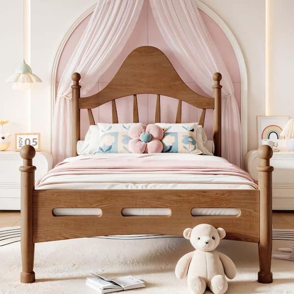 Brown Wood Frame Twin Size Platform Bed with Headboard, Bed Frame with Slatted Support, No Box Spring Needed